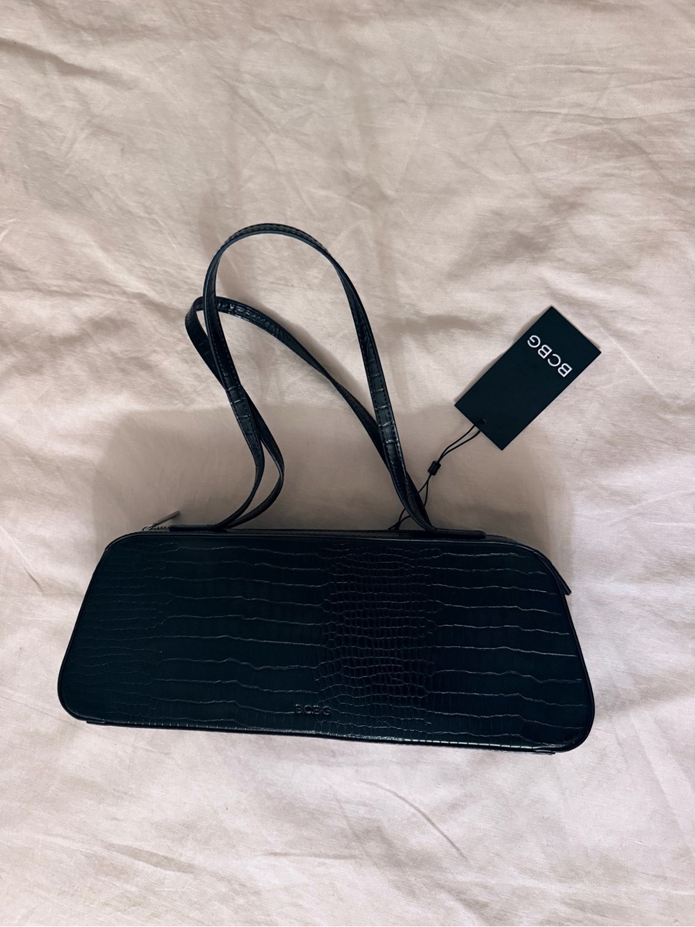 BCBG Black Croc-Embossed Shoulder Bag with Slim Straps
